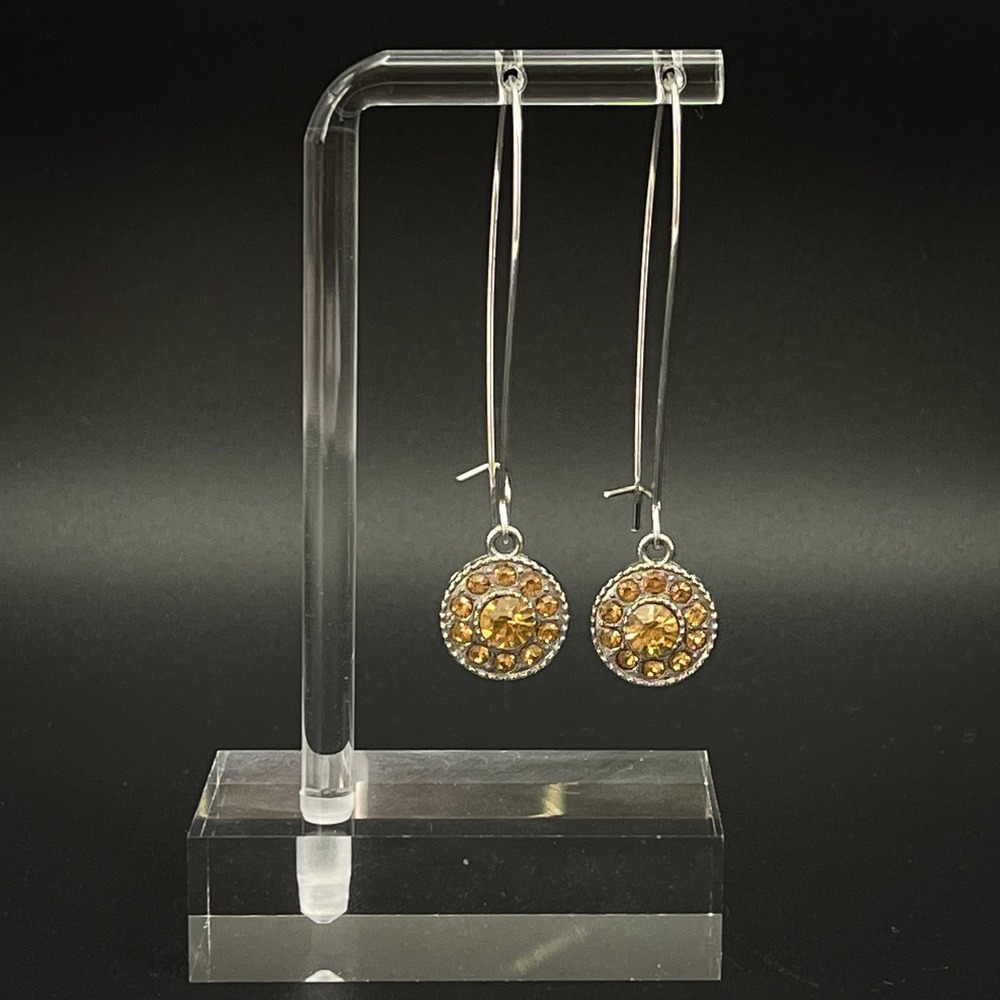 Rhinestone Drop Earrings Amber Yellow Silver Tone Kidney Wire Boho Chic‎